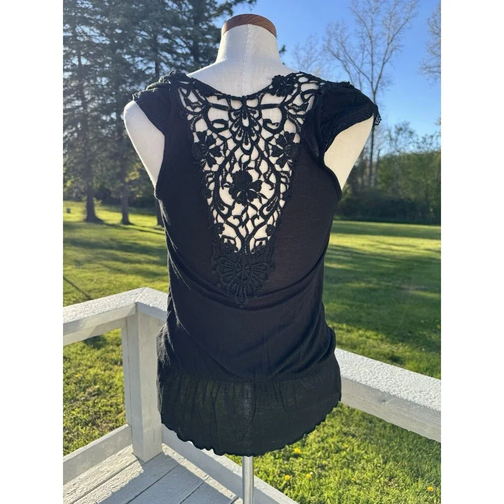 Free People Black Tank Top Blouse Lace Back Medium Boho Witchy Festival